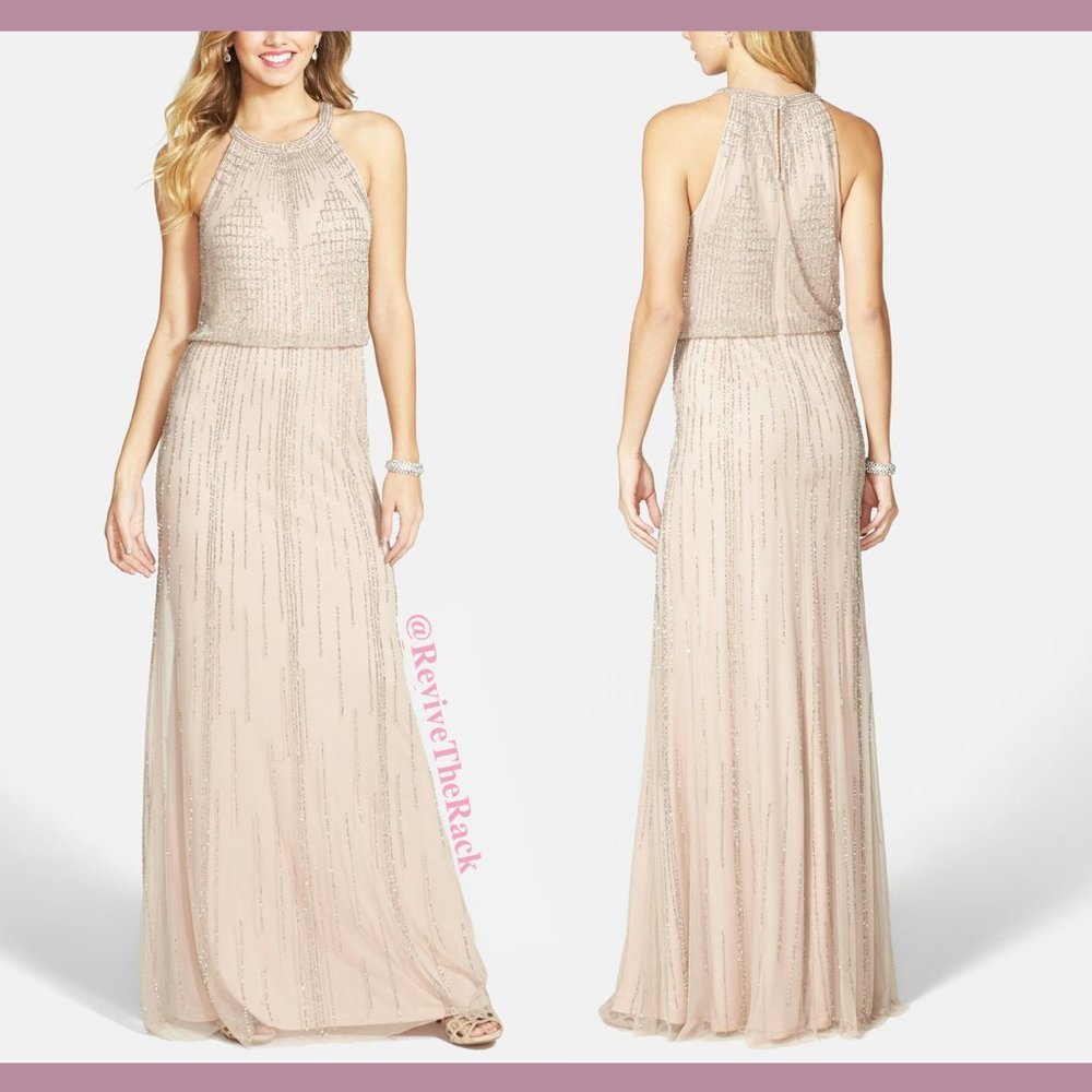NEW Adrianna Papell Halter Beaded Blouson‎ Gown in Taupe [SZ 14 ] #A47
